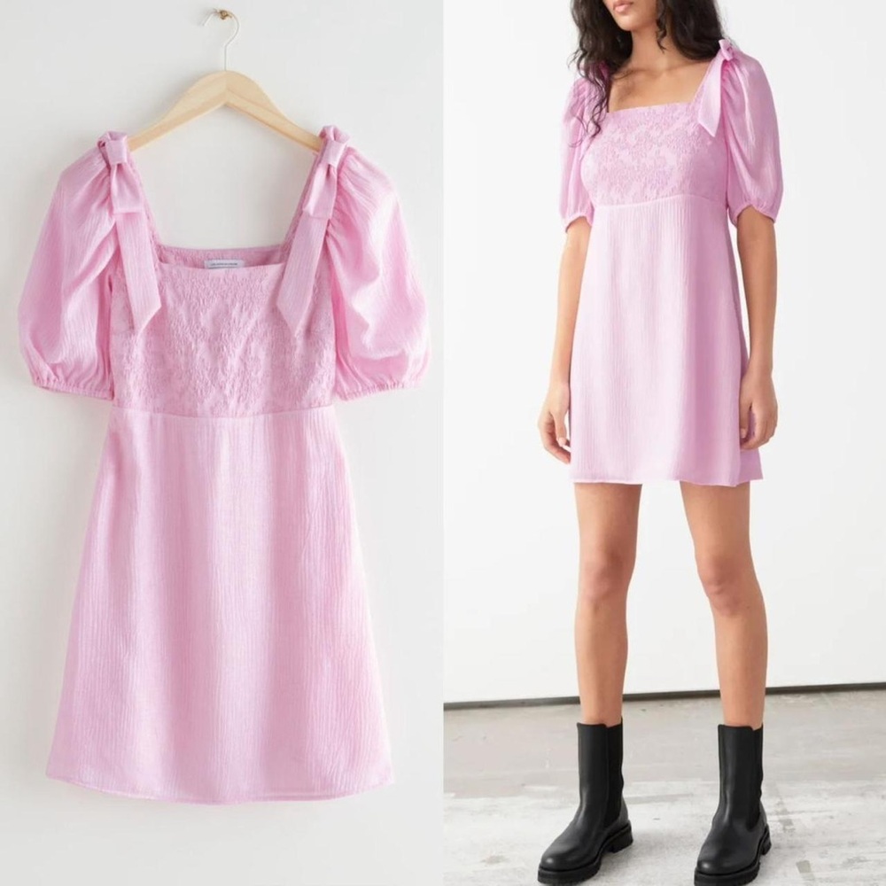 & Other Stories Pink Puff Sleeve Mini Dress Size 10 - Picture 2 of 13